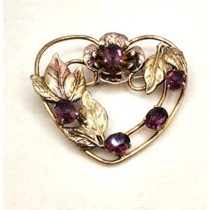 Vintage Sterling 12K Gold-Filled Heart Shaped Brooch With Leaves Purple Stones-